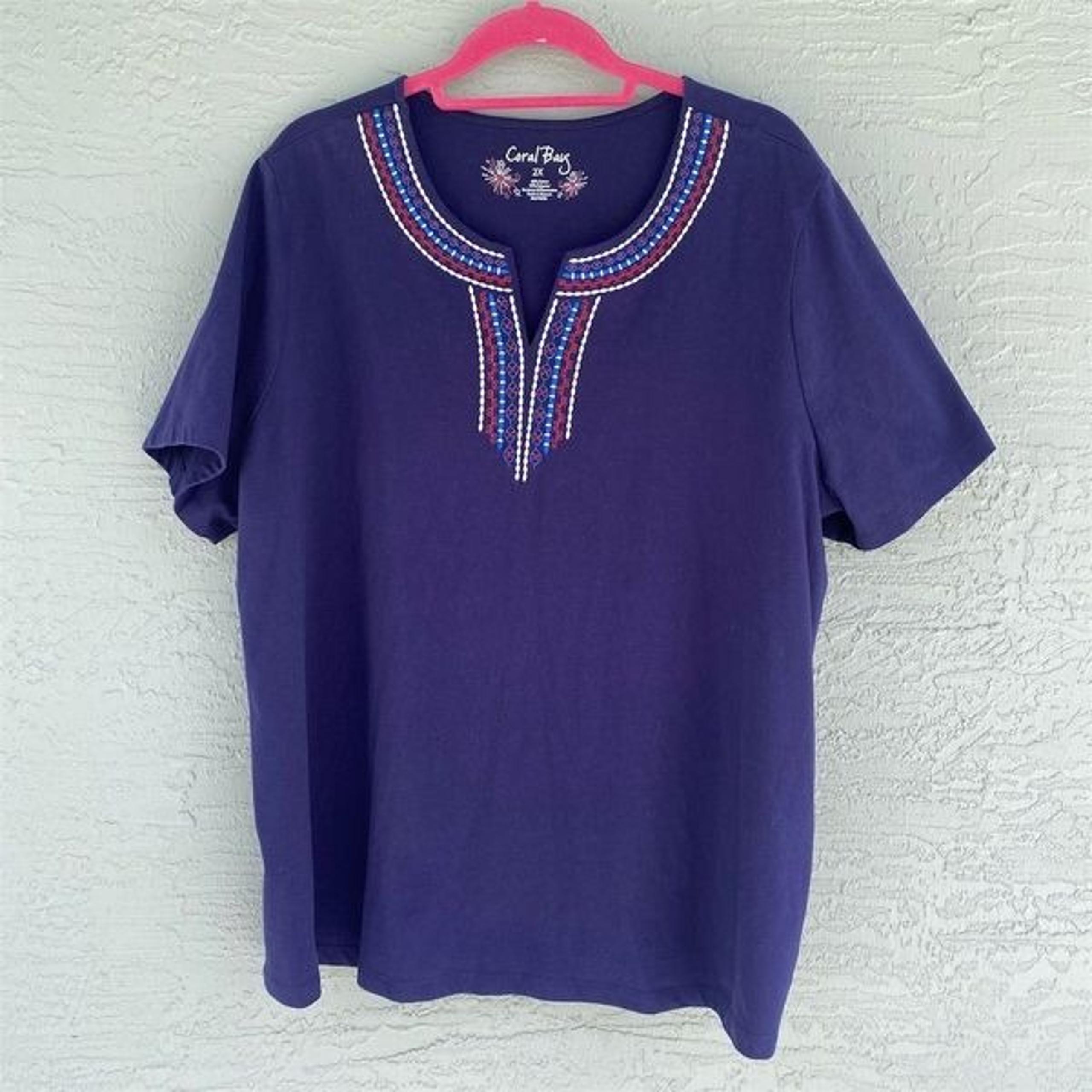 Coral Bay Women's 2XL Embroidered V-Neck Blouse Navy Blue