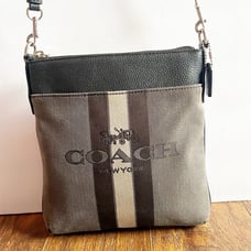 Coach Black Gray Kitt Logo Slim Swingpack Pouch Crossbody Striped Bag Purse Zip