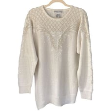 S3 Vtg Victoria Harbour Women's Pearl Bead Sequin Embellished Knit Sweater Ivory