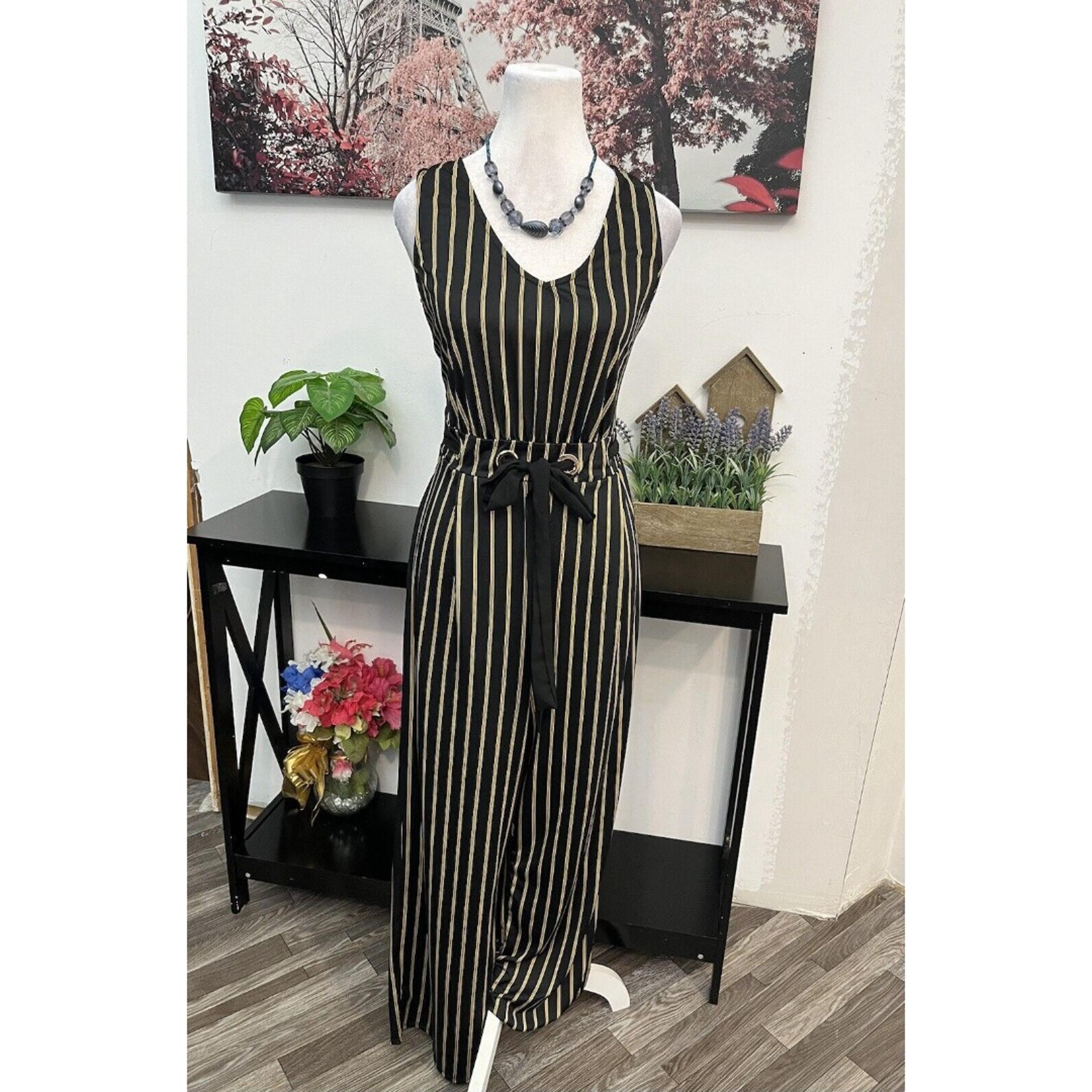 WRAPPER Women’s Striped Belted Wide Leg Jumpsuit Small Sleeveless V Neck