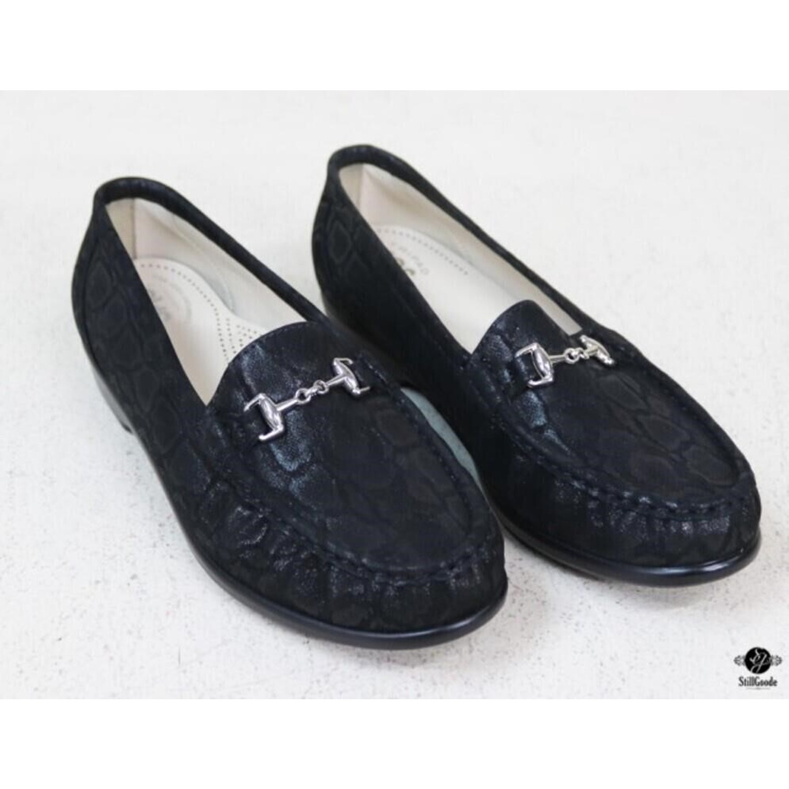SAS Womens Size 10 Genuine Leather Metro Nero Snake Minimalist Black Loafers NWB