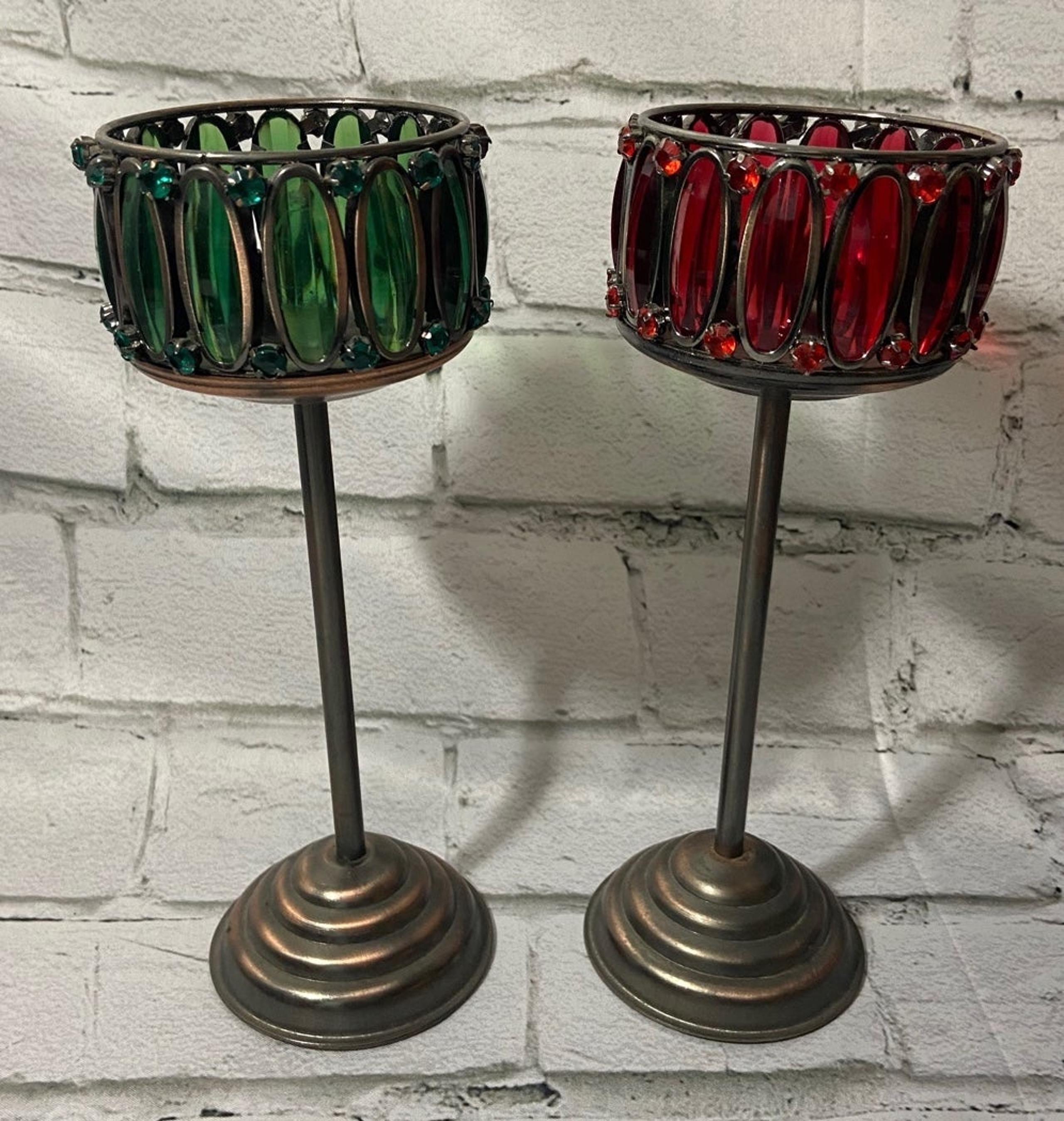 Set of 2 Ganz Beaded Tealight Candle Holders -Red and Green - 9.5” Tall