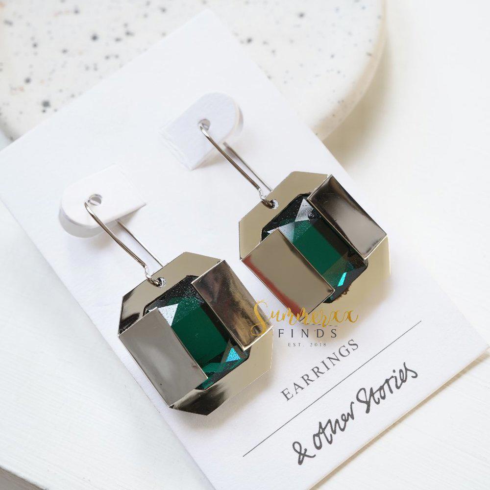 & Other Stories Emerald Glass Silver Toned Earrings