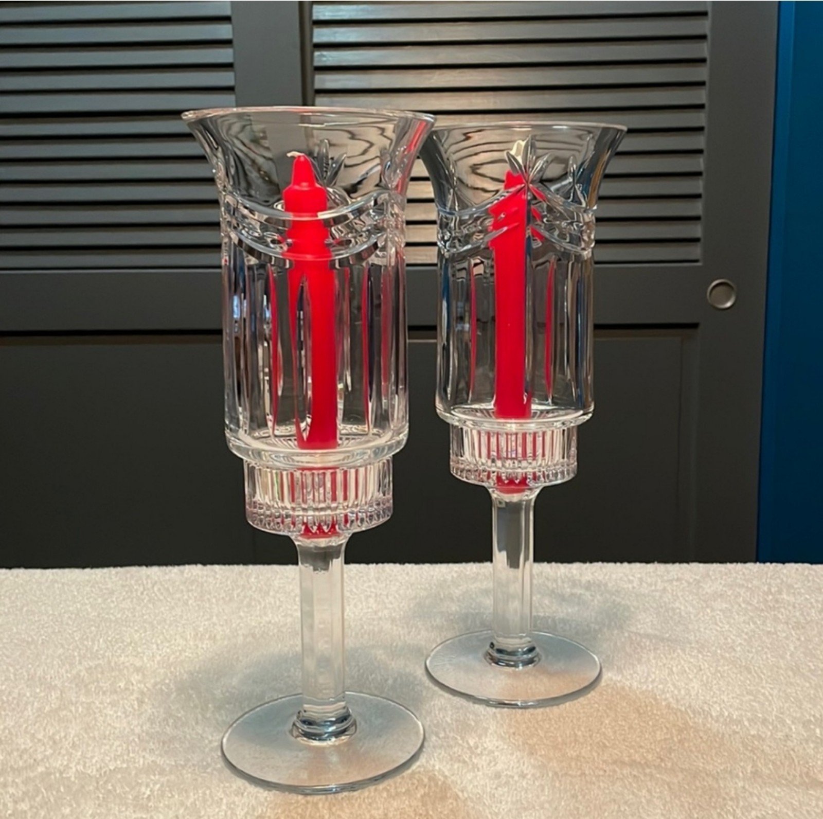 Vintage pair of hand cut Waterford crystal 2 piece tapered candle holders
