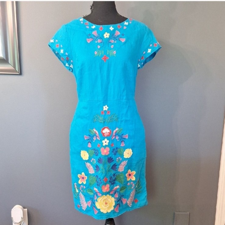 Boden 100% Linen Blue Floral Embroidered Dress Size 4