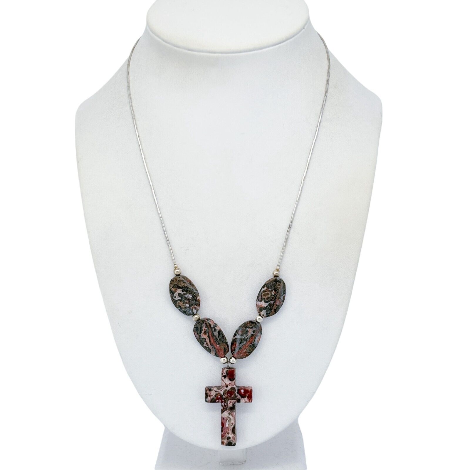 Vintage Sterling Silver 925 Jasper Cross Necklace 19