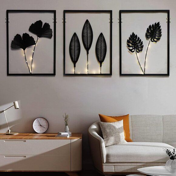New 3-Piece Black Metal Wall Art with Lights for Living Room or Home Decor