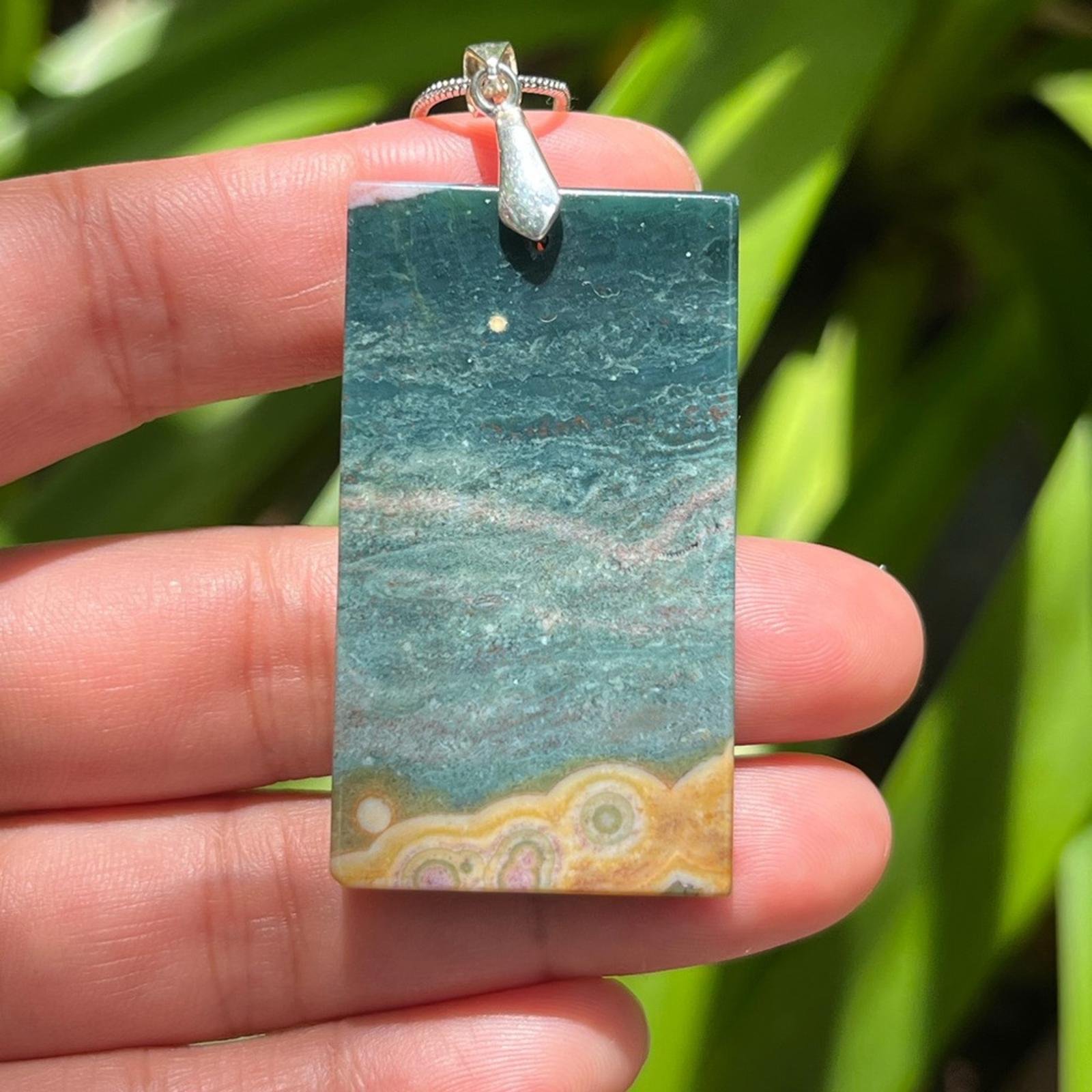 Sterling silver moon night scene natural ocean jasper pendant