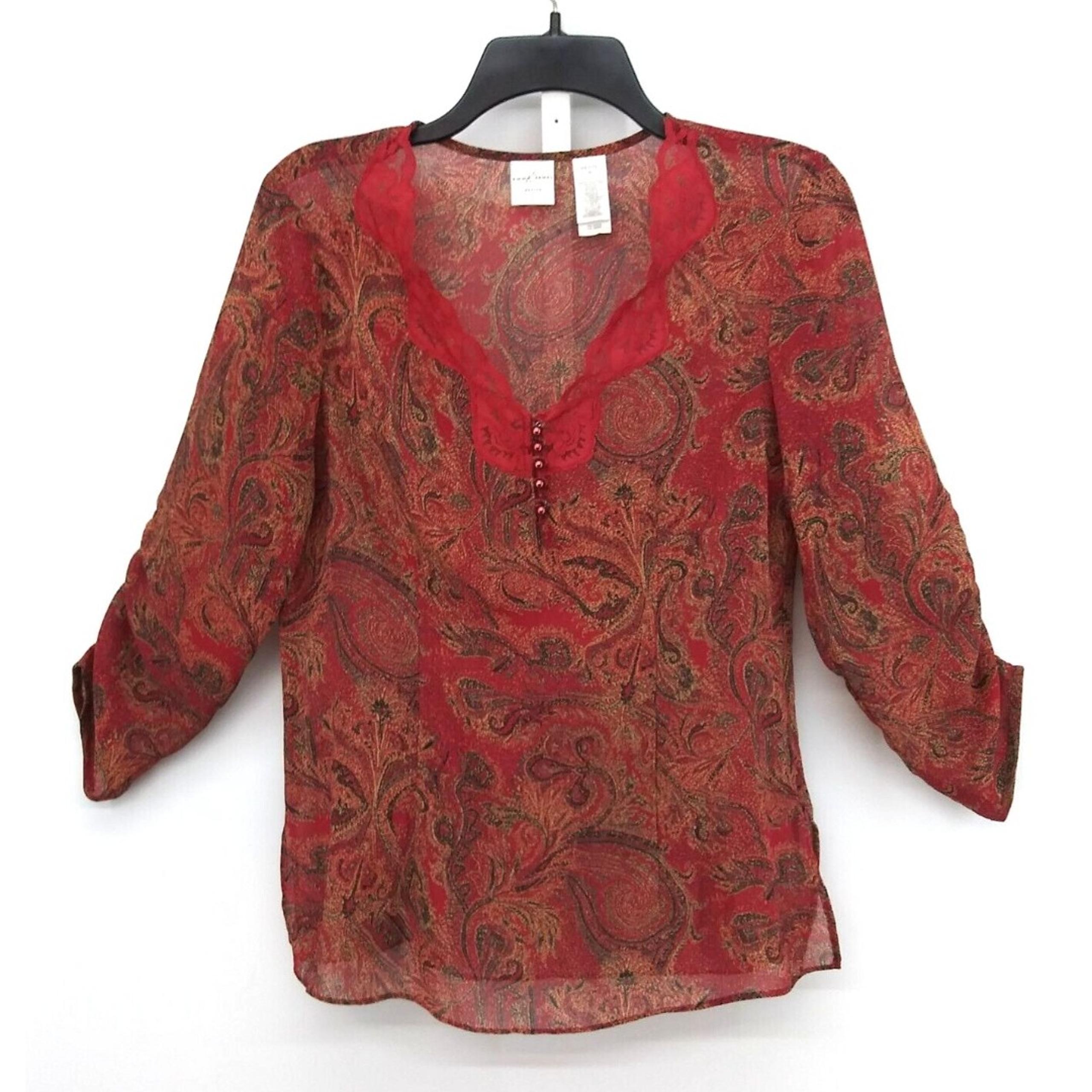 Emma James Shirt Womens Size 8P Red Paisley Lace V-Neck 3/4 Sleeve Sheer Top