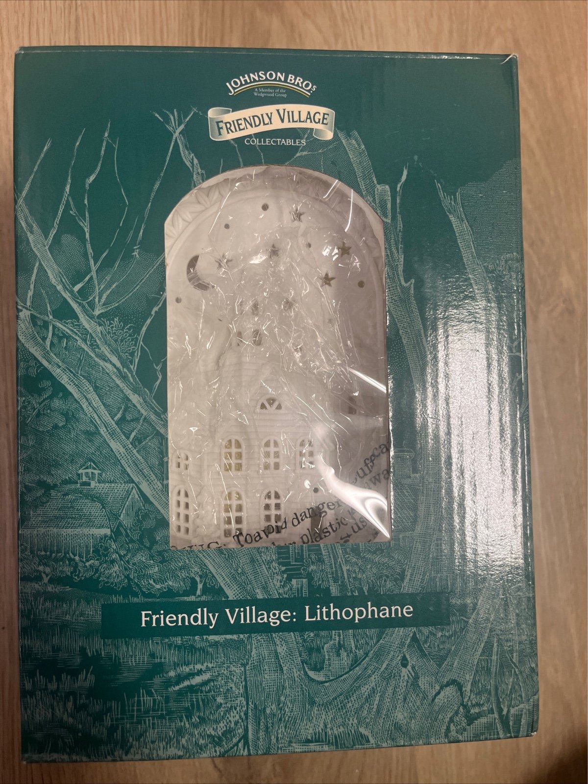 Friendly Village Johnson Bros. Lithopane Snowy Scene House Barn w Tealight & Box