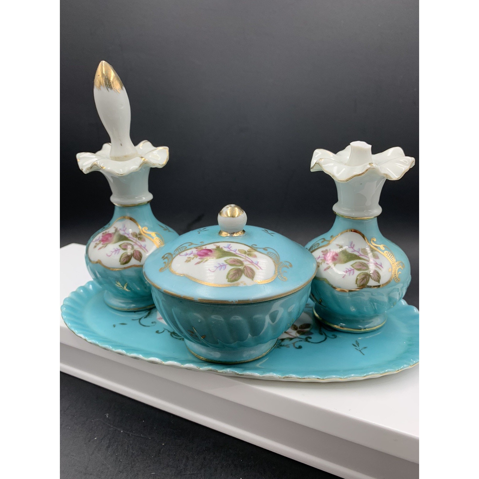 Vintage Japan Hand-Painted Vanity/Dresser Set Blues & Florals