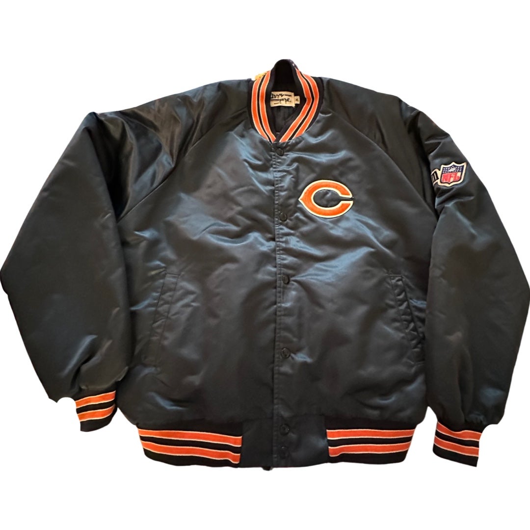 Vintage 80s Chicago Bears Chalk Line Spellout Satin Jacket NFL Football Size XL