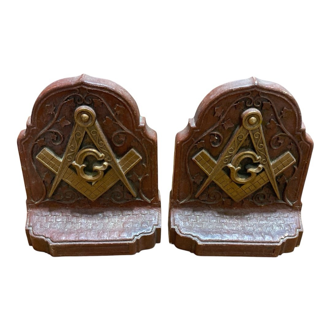 Vintage Rare Wood Freemason Compass Bookends