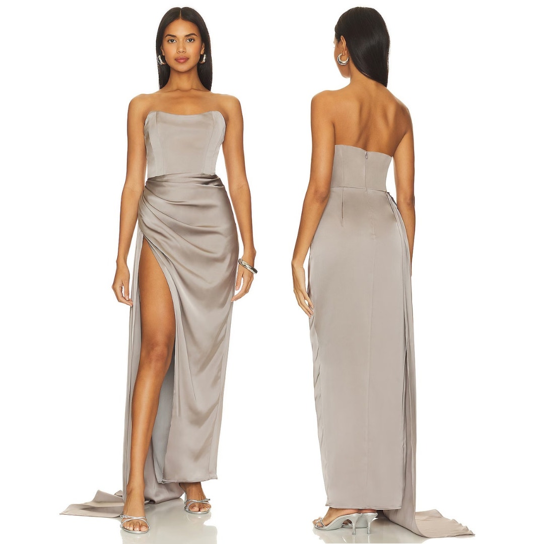 Katie May Bita Strapless Gown Maxi Dress Satin Ruched Side Slit Metal Size XL