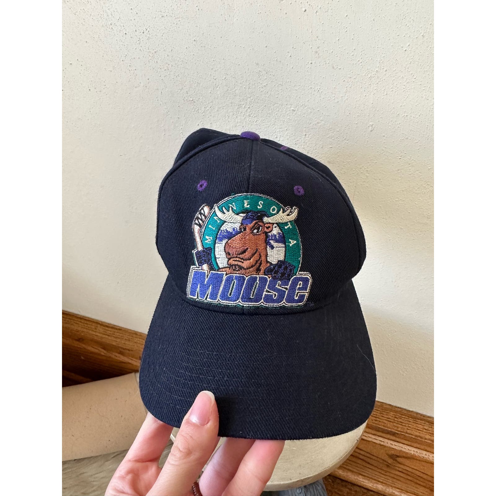 Rare Vintage Minnesota Moose IHL Hockey Logo Black Purple Hat Cap