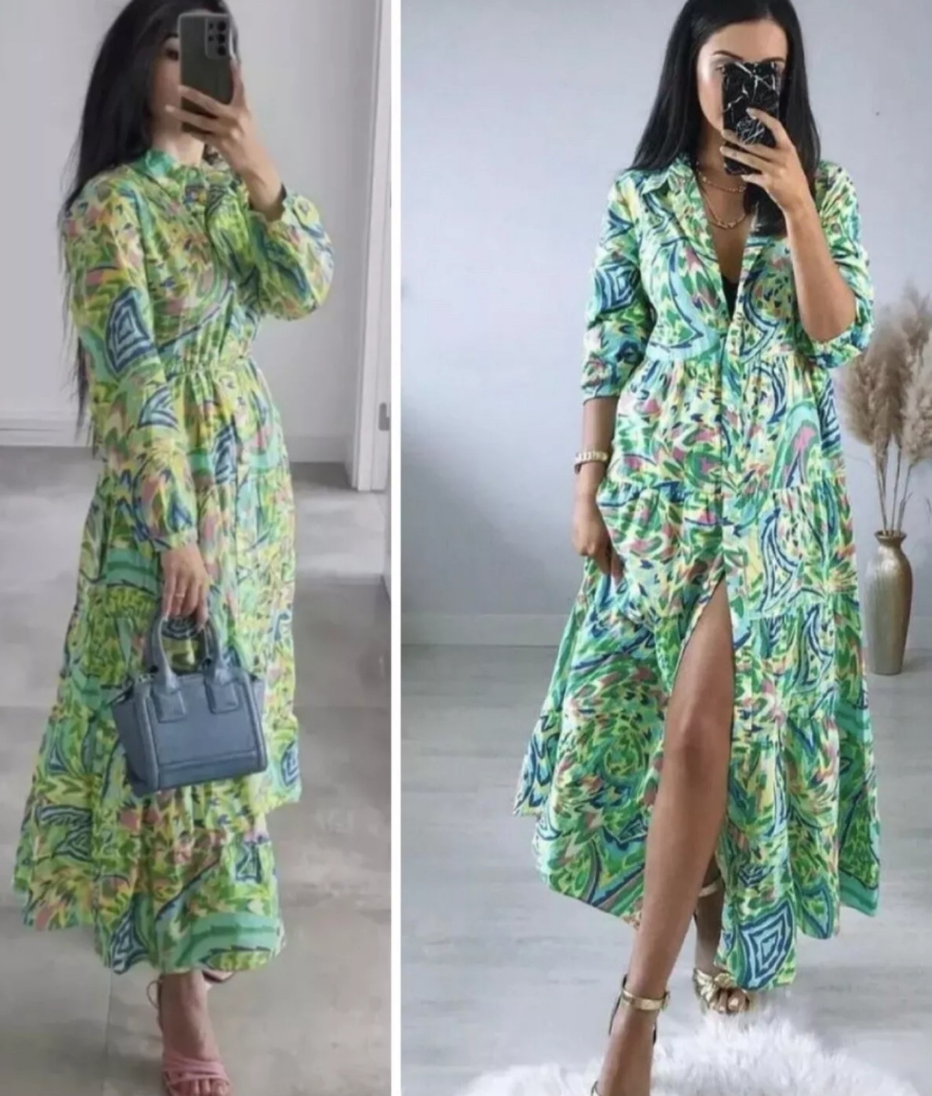 Sunday Up Green Printed Ruffle Dress