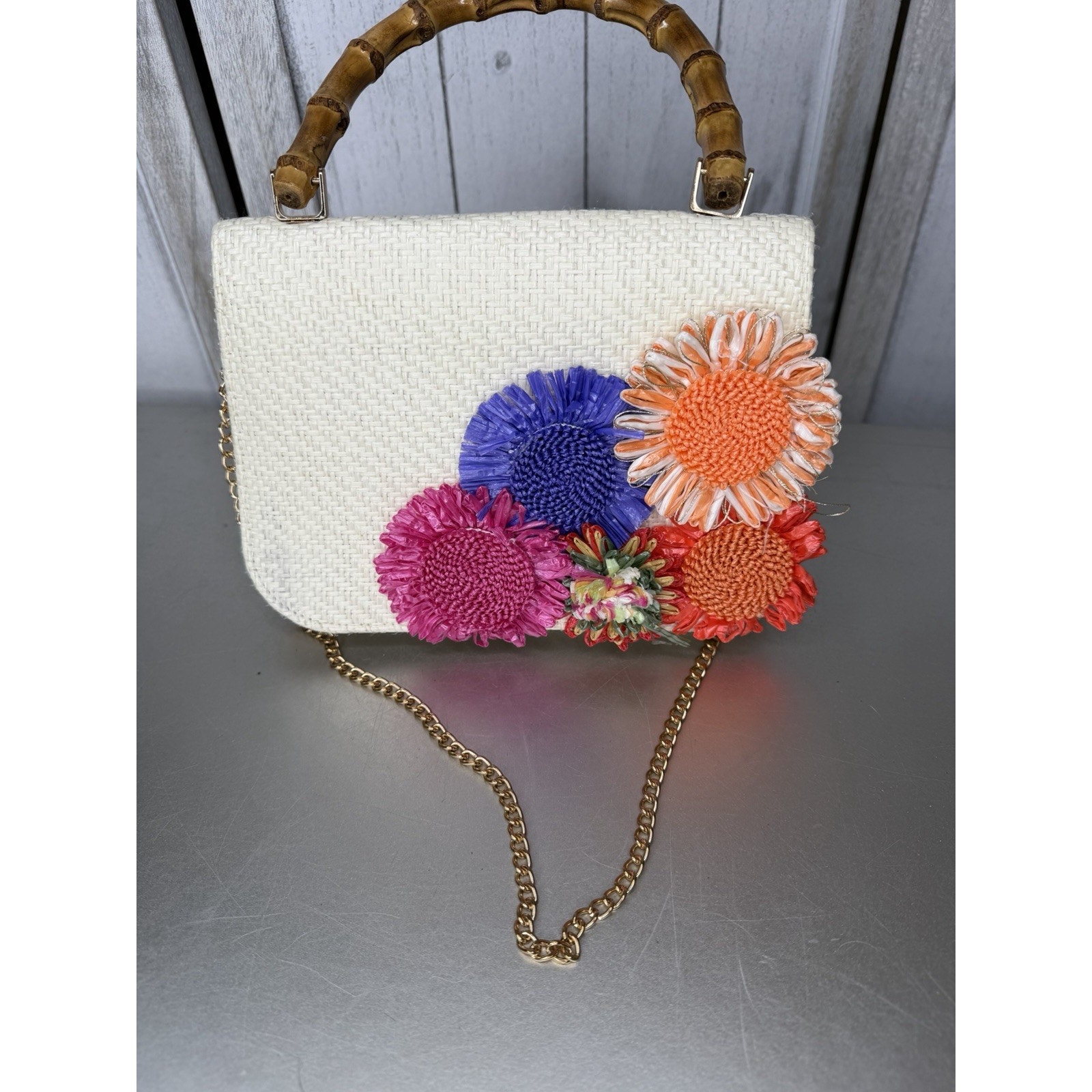 Floral Haute Hippie Handbag With Bamboo Look Handle And Shoulder Chain Colorful