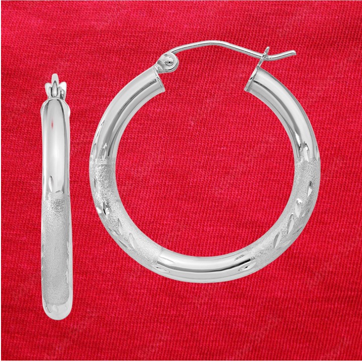 14k White Gold Satin and Diamond-cut 3mm Round Hoop Earrings