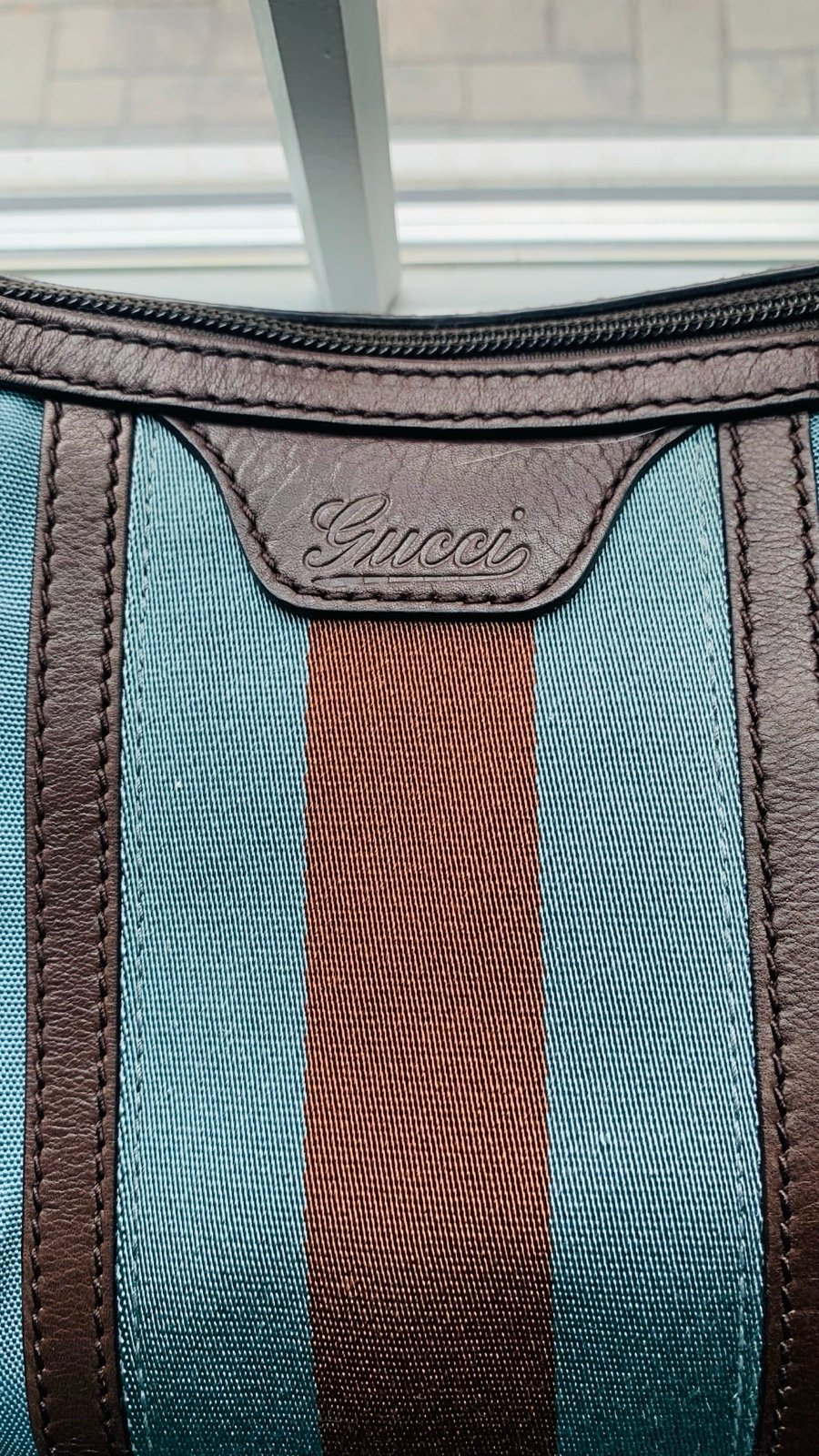Gucci Blue Nylon and Brown Leather Web Hobo Handbag - MINT condition