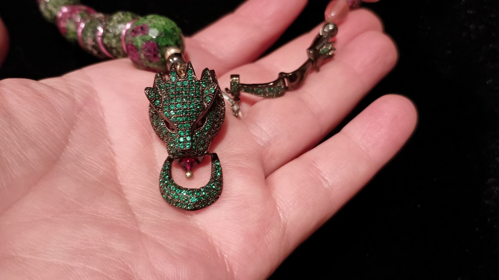 Natural Ruby Zoisite Beaded Necklace w/Dragon Clasp/Charm