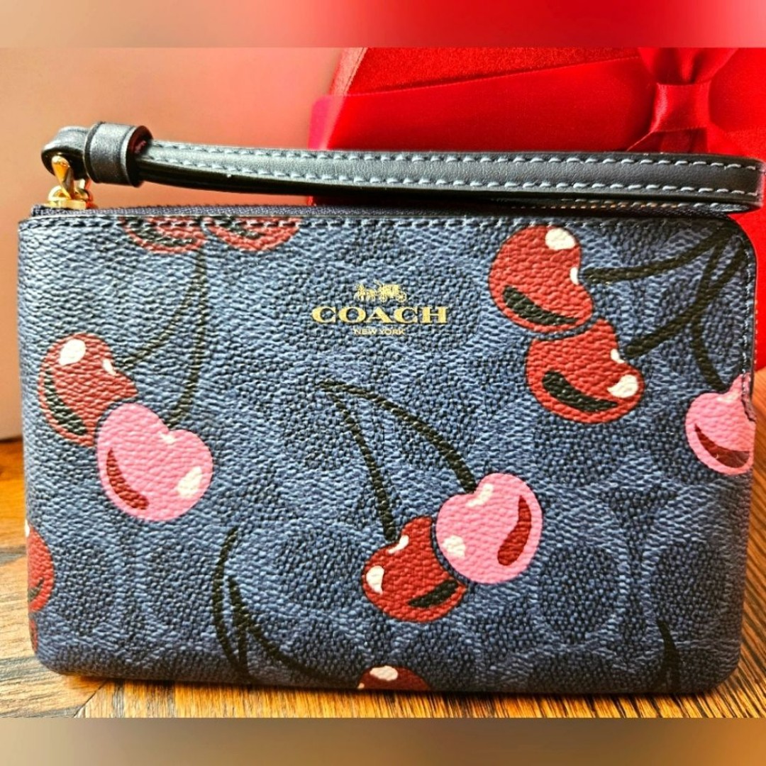 Coach Corner Zip Cherry Denim Navy Wristlet NWTS