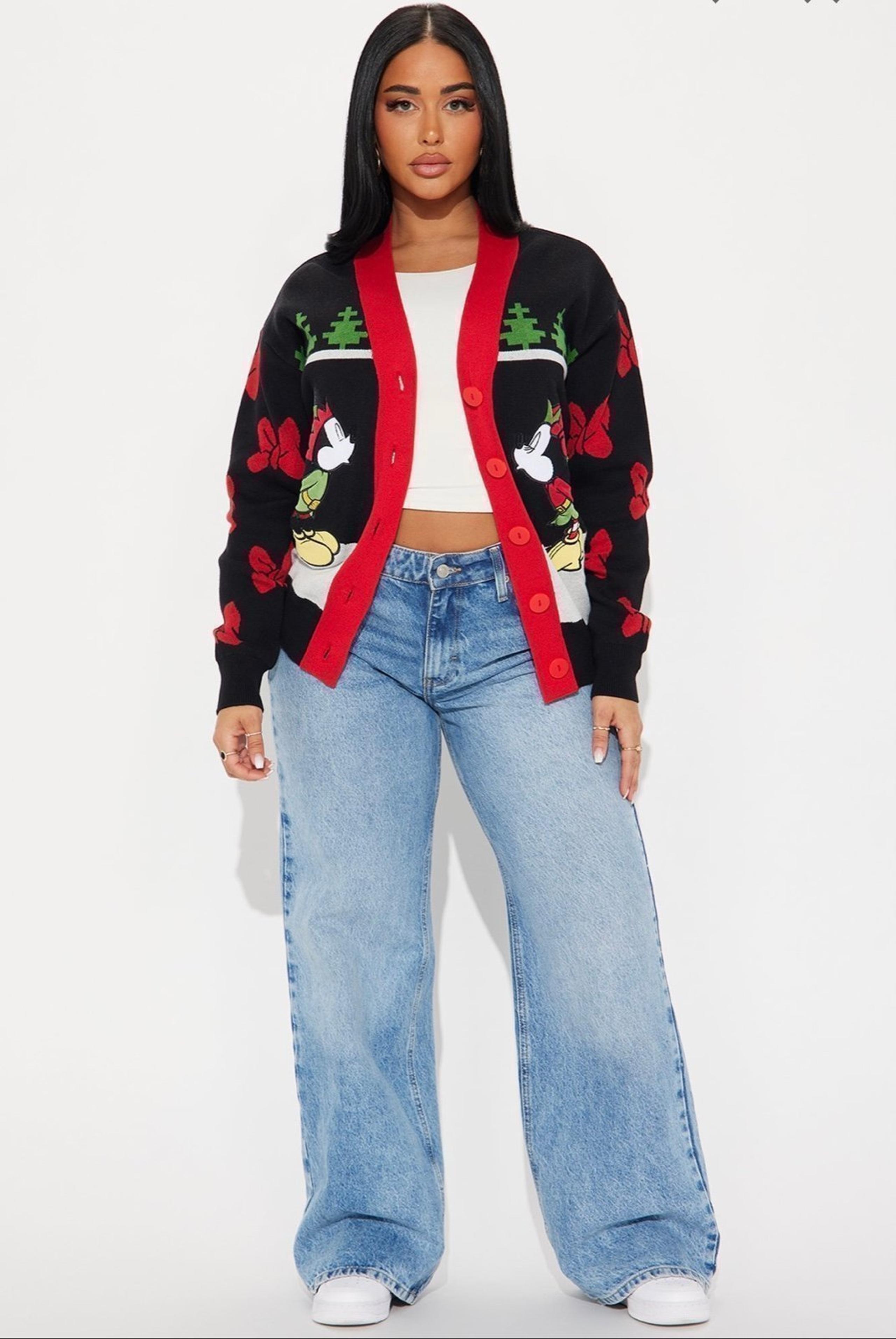 Disney Micky & Minnie Mouse Holiday Kiss Cardigan Sweater For Women Black/Multic
