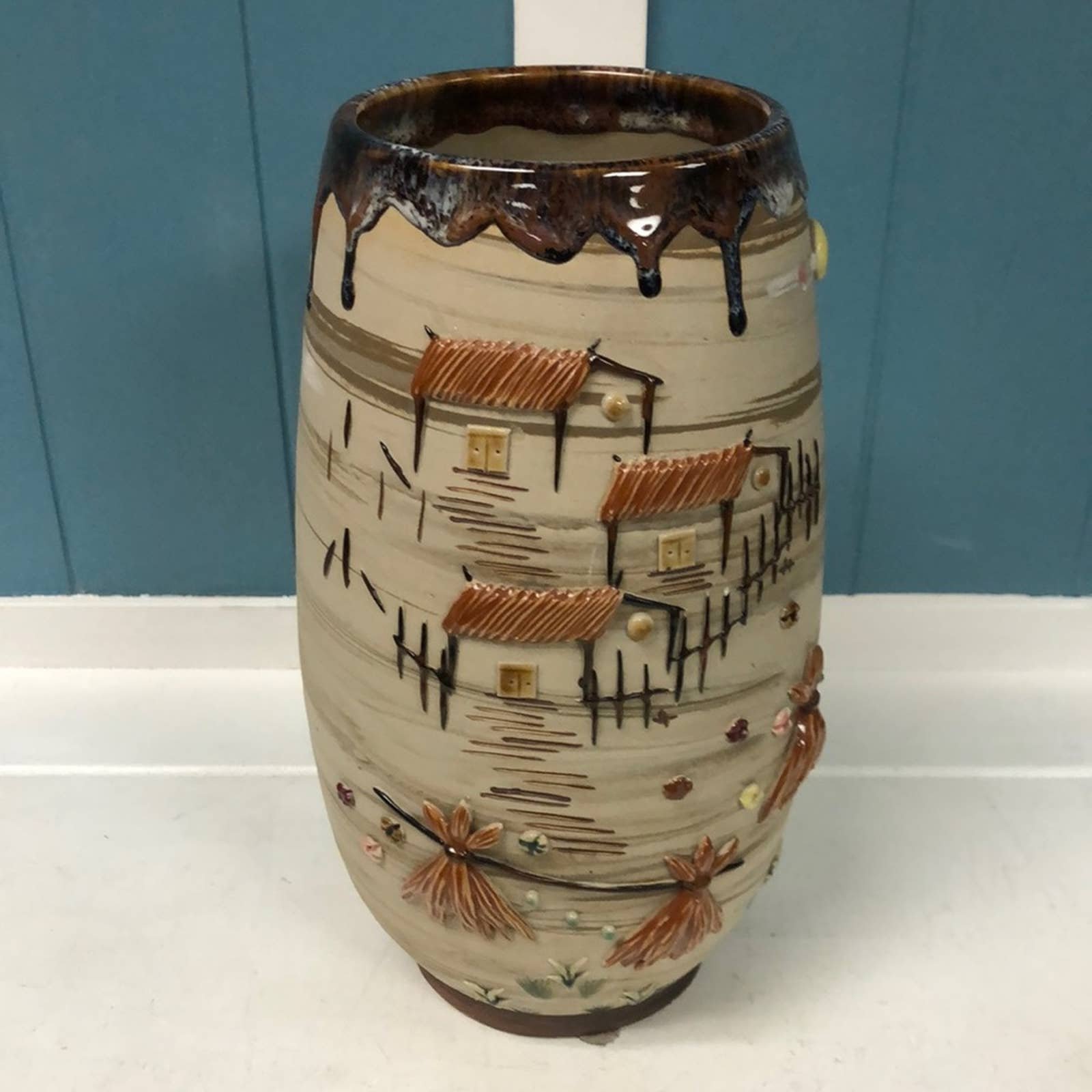 Vintage grip glaze clay Pottery 10.5” Vase Applied Asian village Design