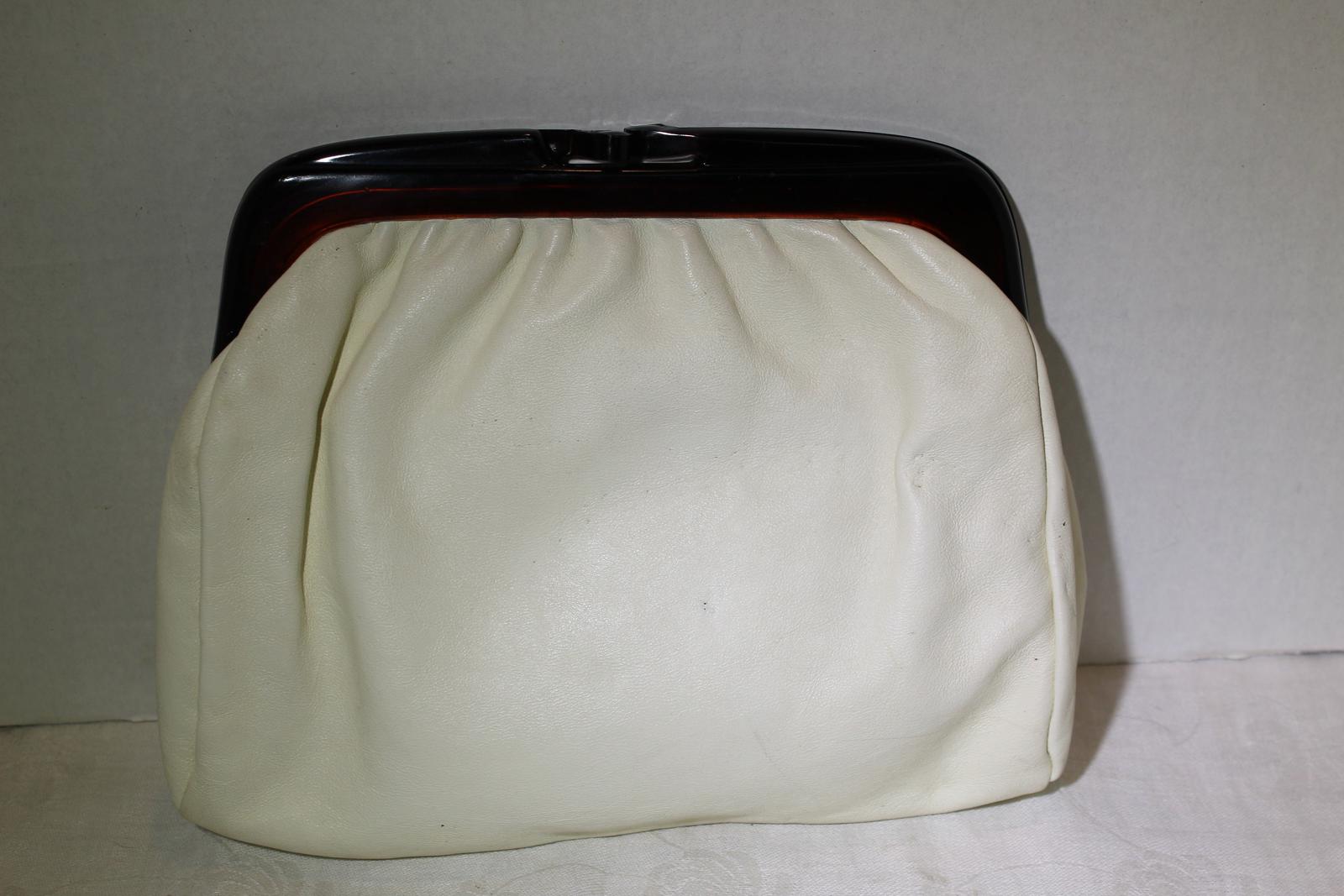 Vintage Leather Italian Made Purse Clutch Kiss Lock Clasp Rootbeer Lucite Handle