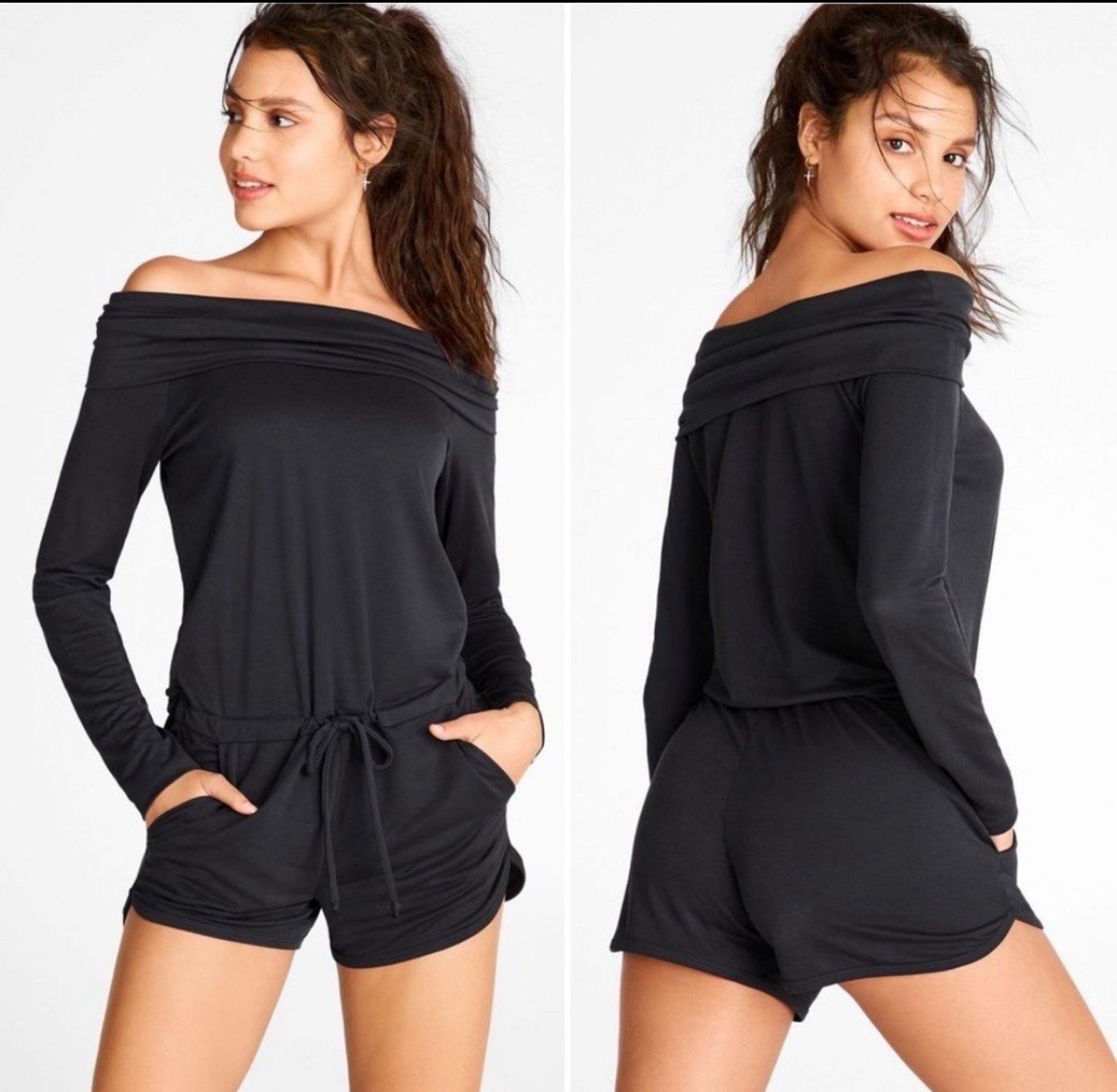 Fabletics Tess Short Jumpsuit Black Off The Shoulder Romper Size Small