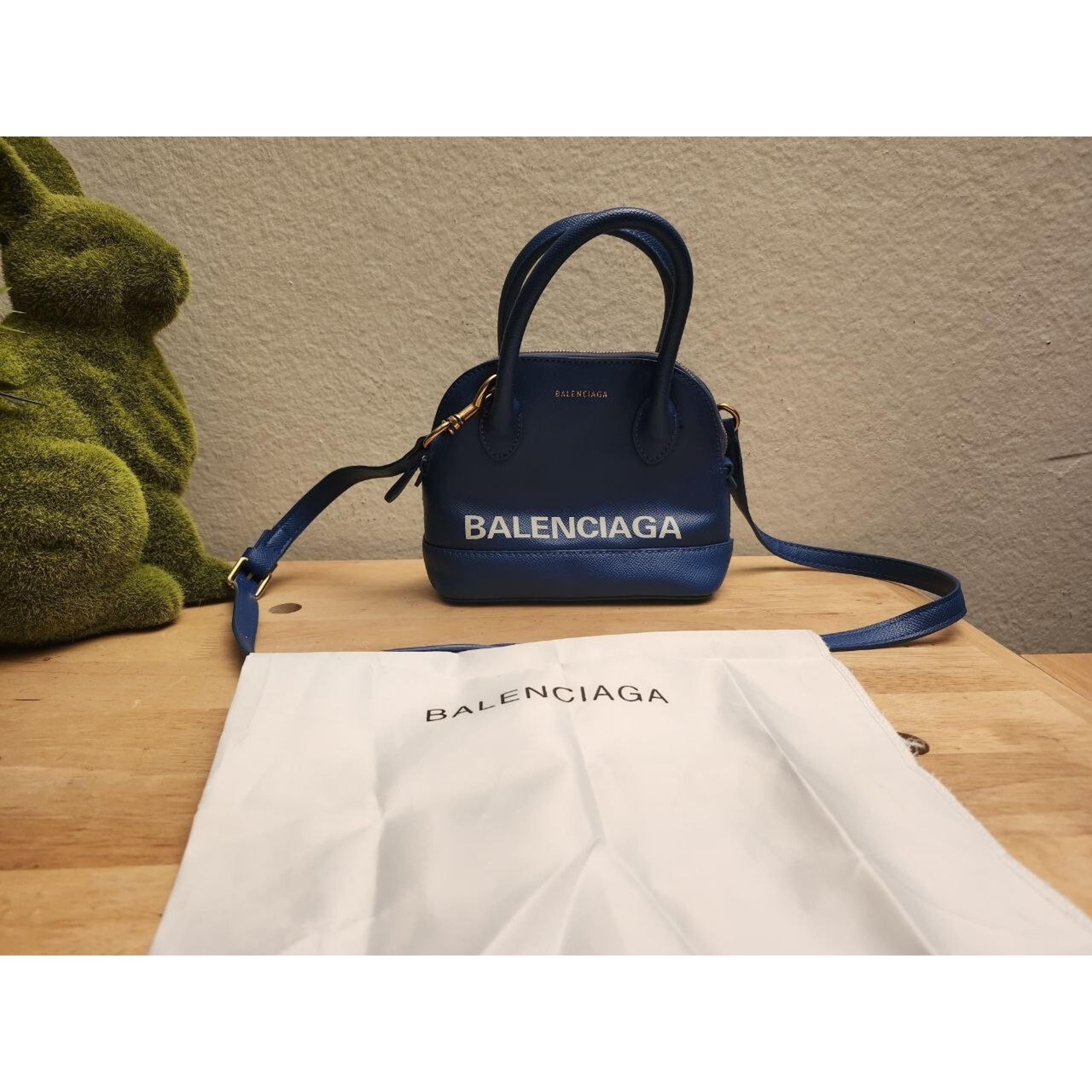 Balenciaga Ville XXS Blue White Logo Grained Top Handle Shoulder Crossbody Bag