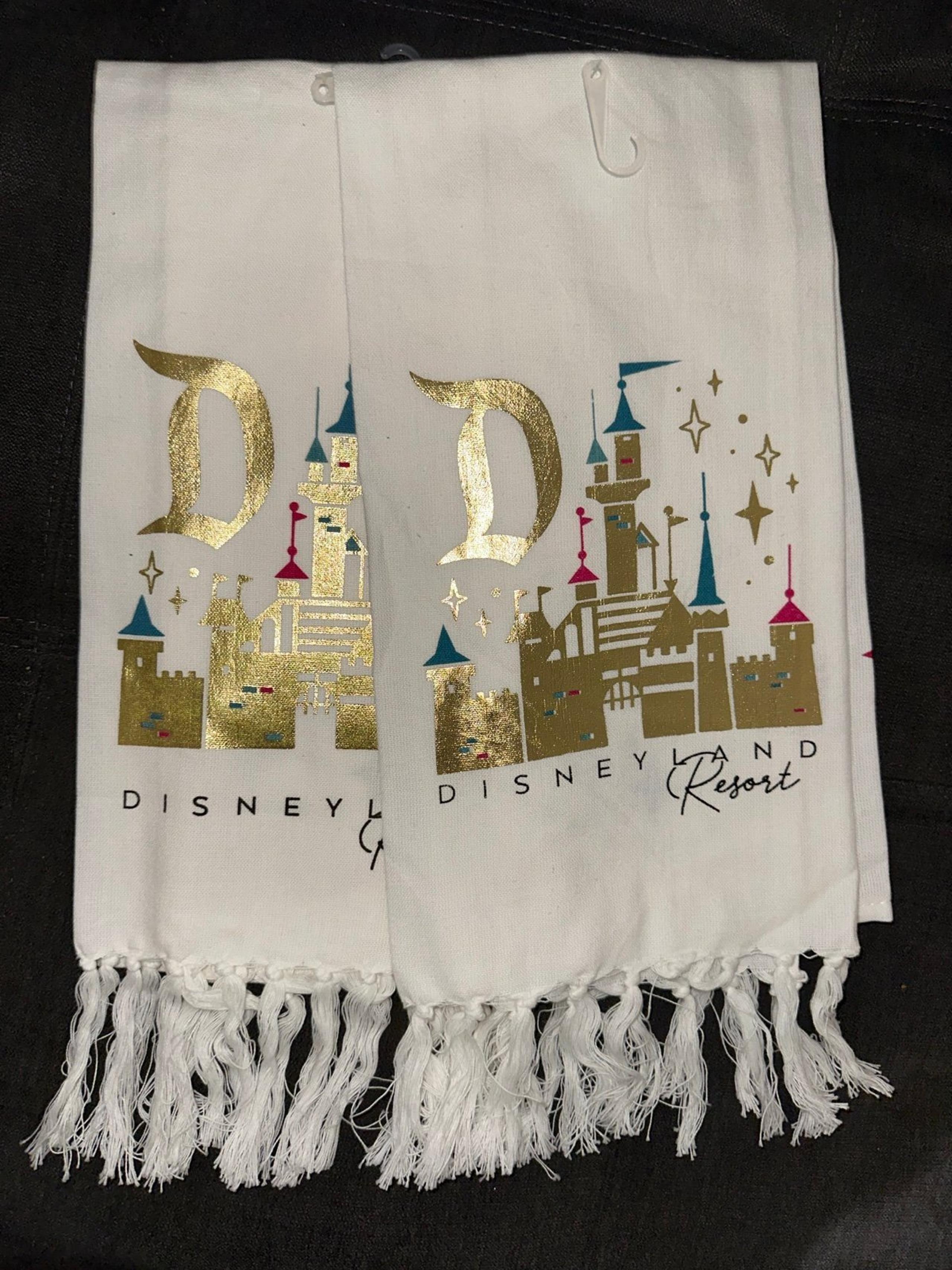 Disney Parks Disneyland Set of 2 kitchen hand towels Gold fringed NWT