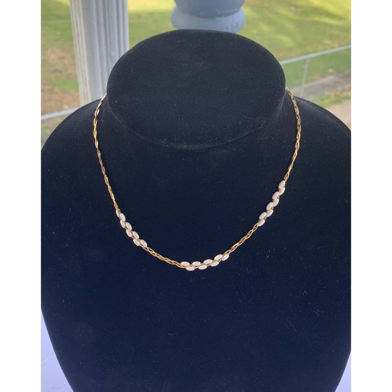Vintage Signed Napier Dainty Gold Tone Necklace with Faux Seed Pearl Clusters