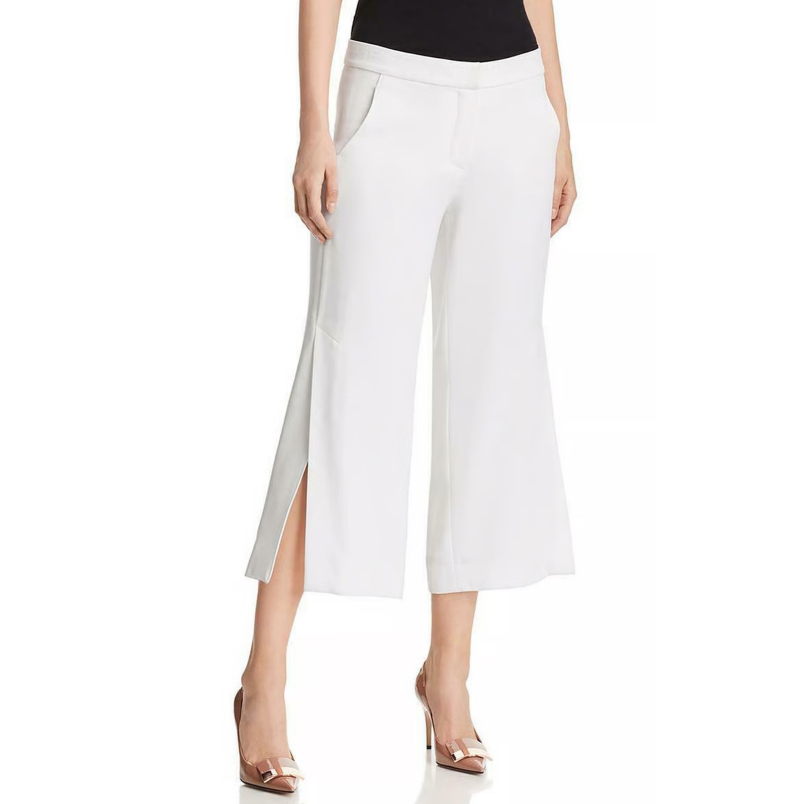 Elie Tahari Eloise Wide Leg Trouser Pant Cropped Slits Office Classic White 14