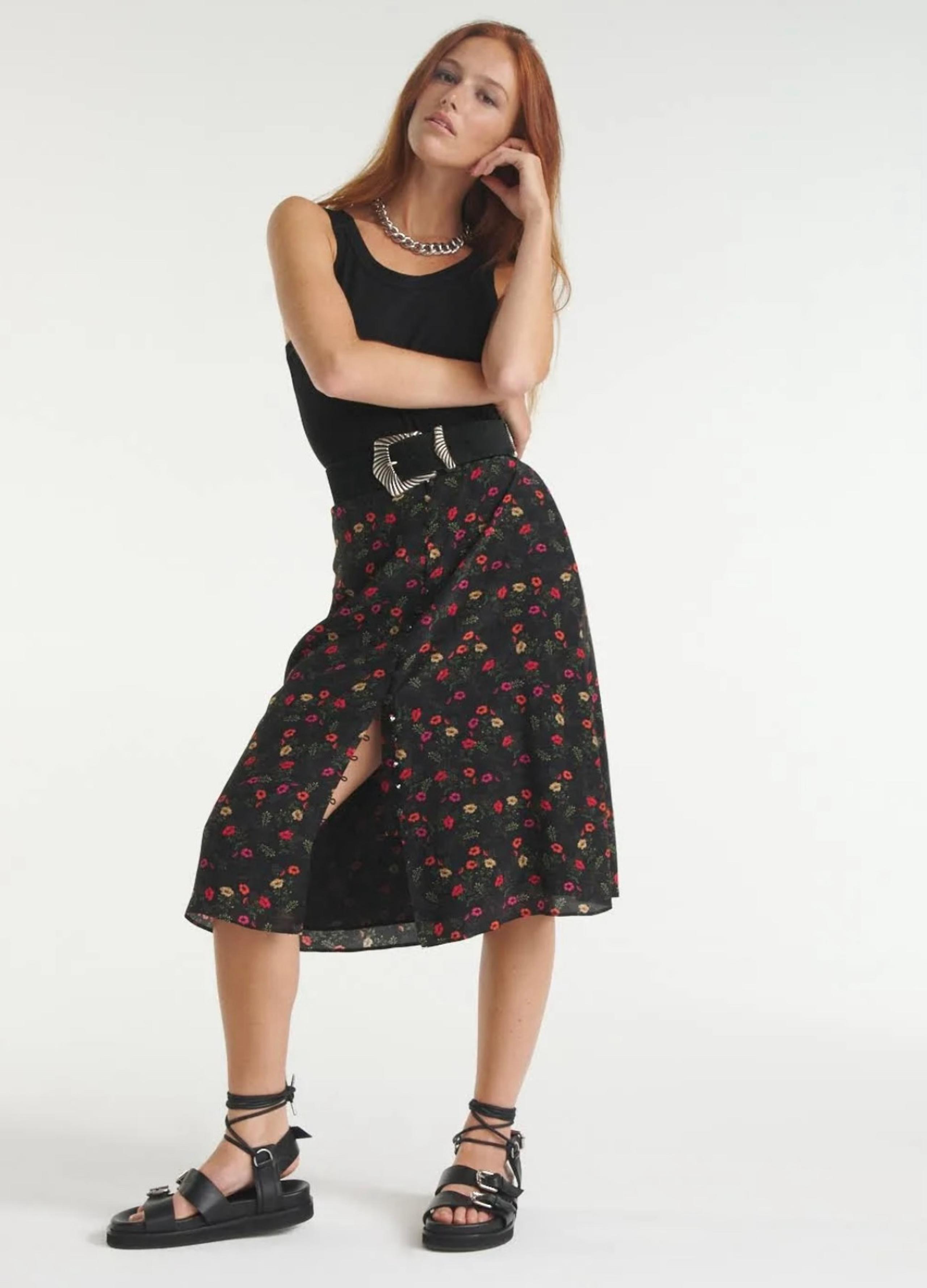 The Kooples Women's Black Silk Floral Print High Waist Midi Skirt 0
