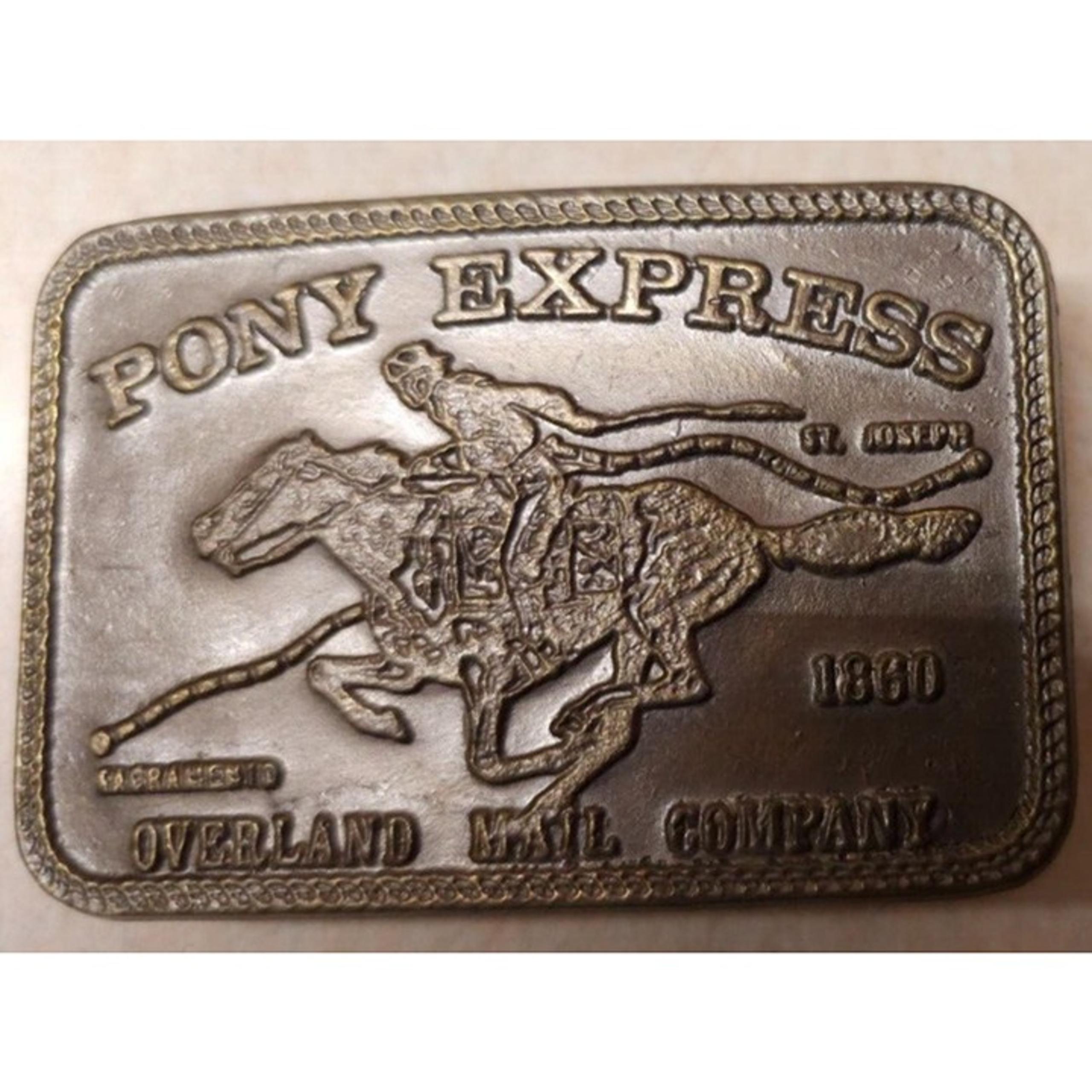 VINTAGE PONY EXPRESS OVERLAND MAIL COMPANY 1860 Brass Metal Belt Buckle