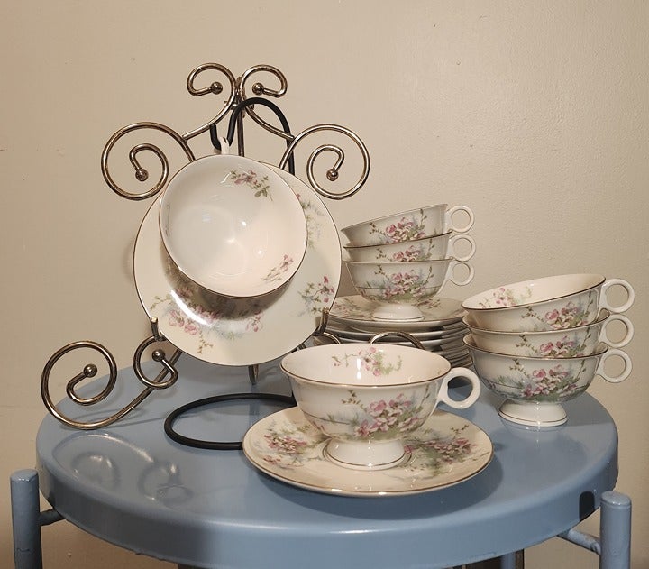 Vintage Haviland Apple Blossom Teacups and Saucers - Complete Set of Eight