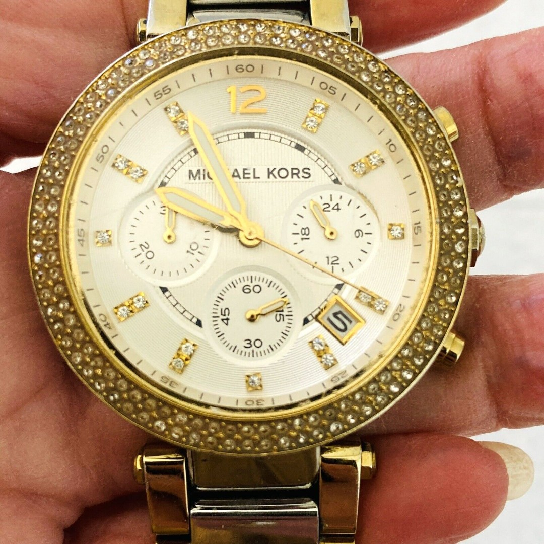 Michael Kors Parker Chronograph Watch Crystal Pave Bezel MK5687 Stainless & Gold