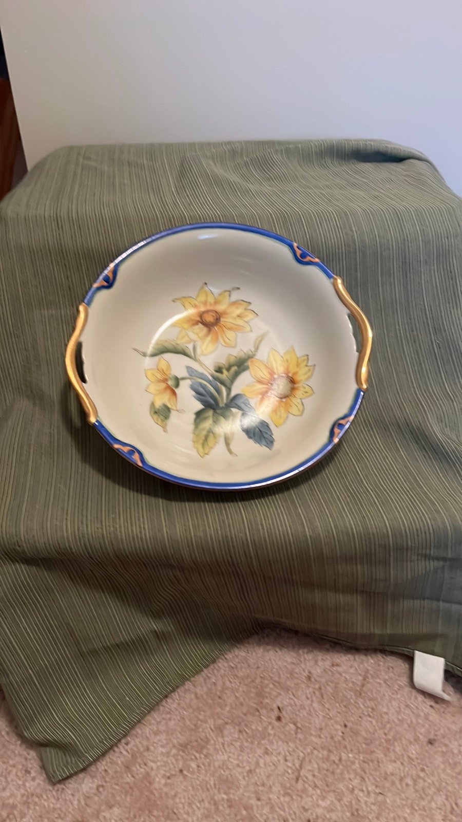 Vintage Noritake Gilded Hand Painted Yellow Flower Cobalt Blue Serving Bowl 10