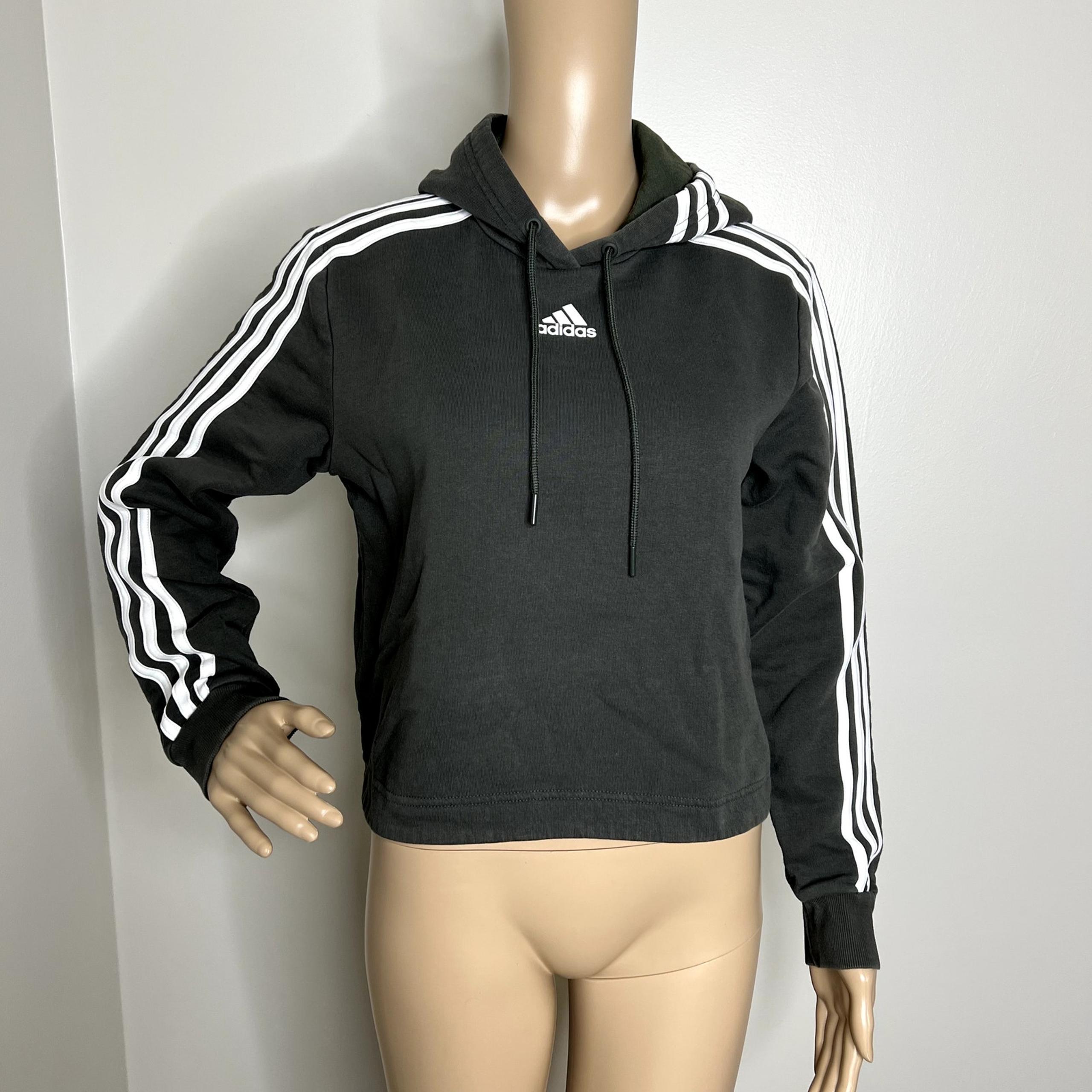 Adidas Green Striped Sleeve Cropped Hoodie Sweatshirt