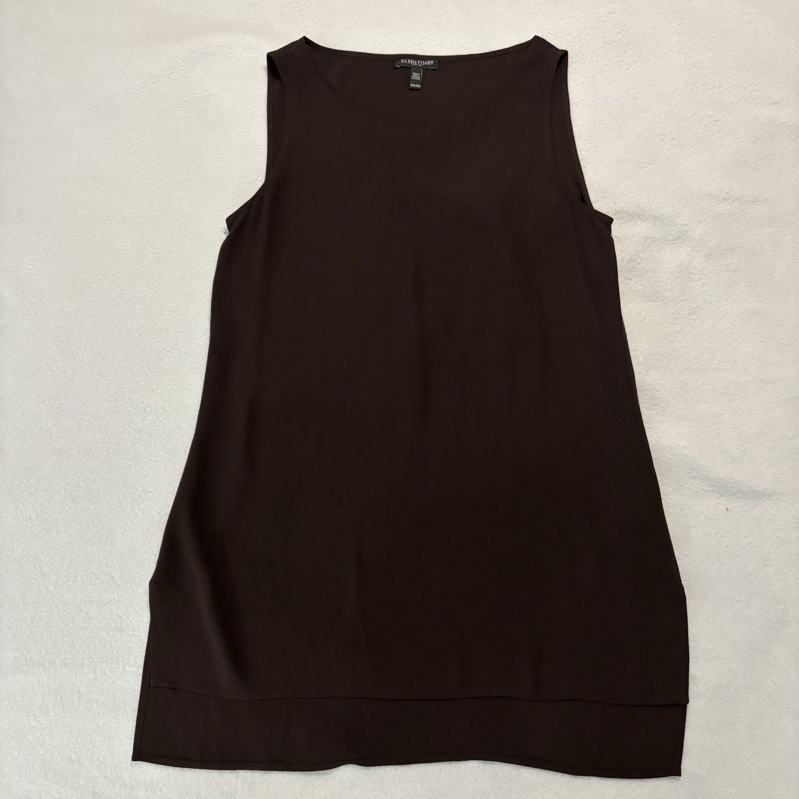 Eileen Fisher Top M Petite Silk Georgette Crepe Bateau Tank Mocha Lagenlook