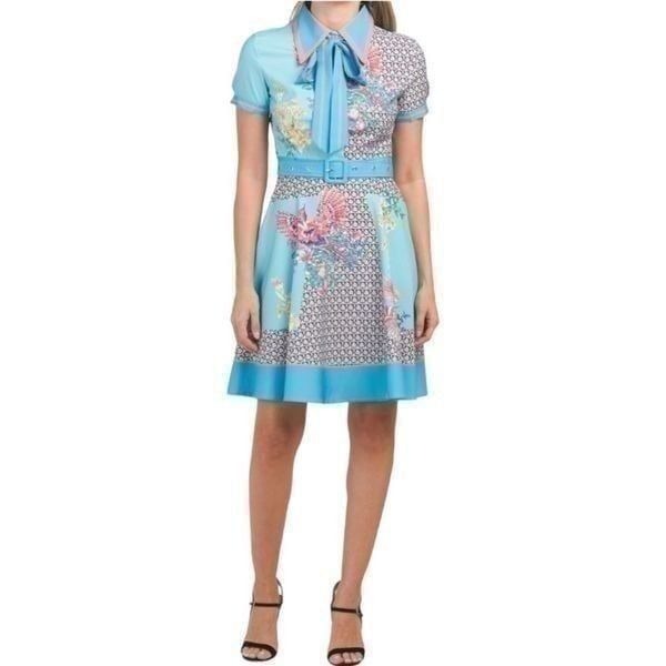 NWT Dalia MacPhee Short Sleeve Tie Neck Patchwork Mini Dress