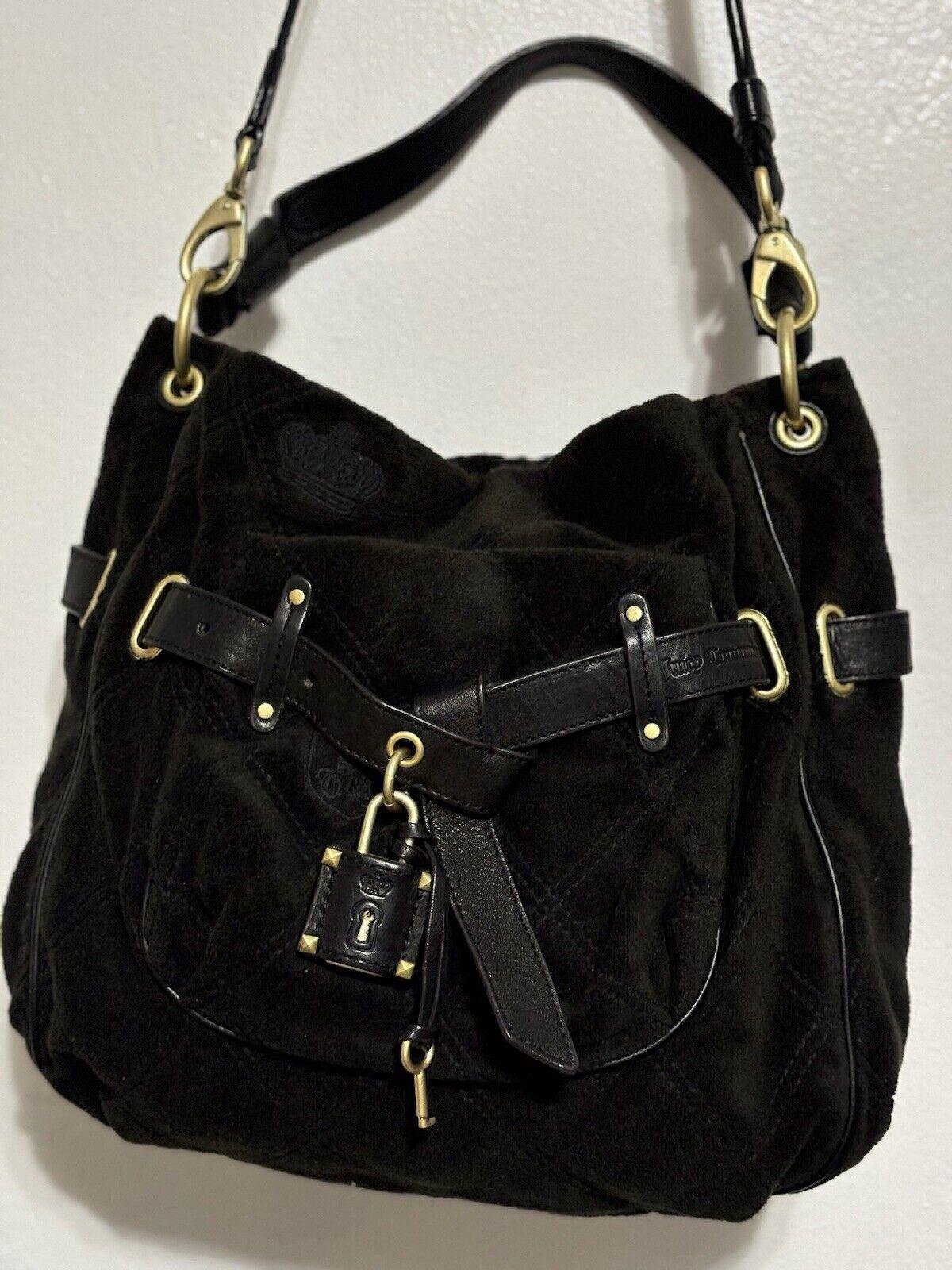 Vintage Y2K Juicy Couture Purse Black Terry Cloth Lock & Key Cross Body Leather