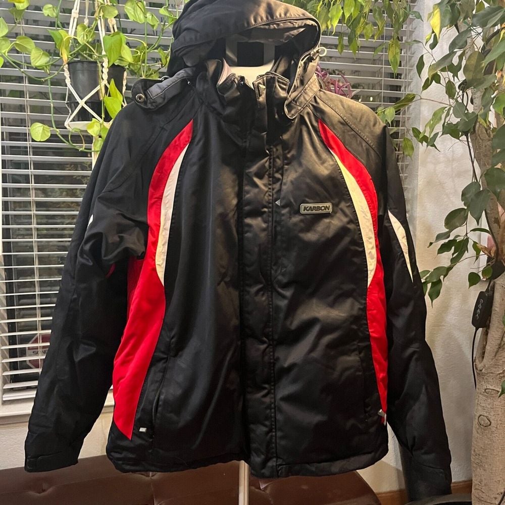 Karbon Ski Vintage Mens Size M Black Red Snow Lined Polyester Down Zip Jacket