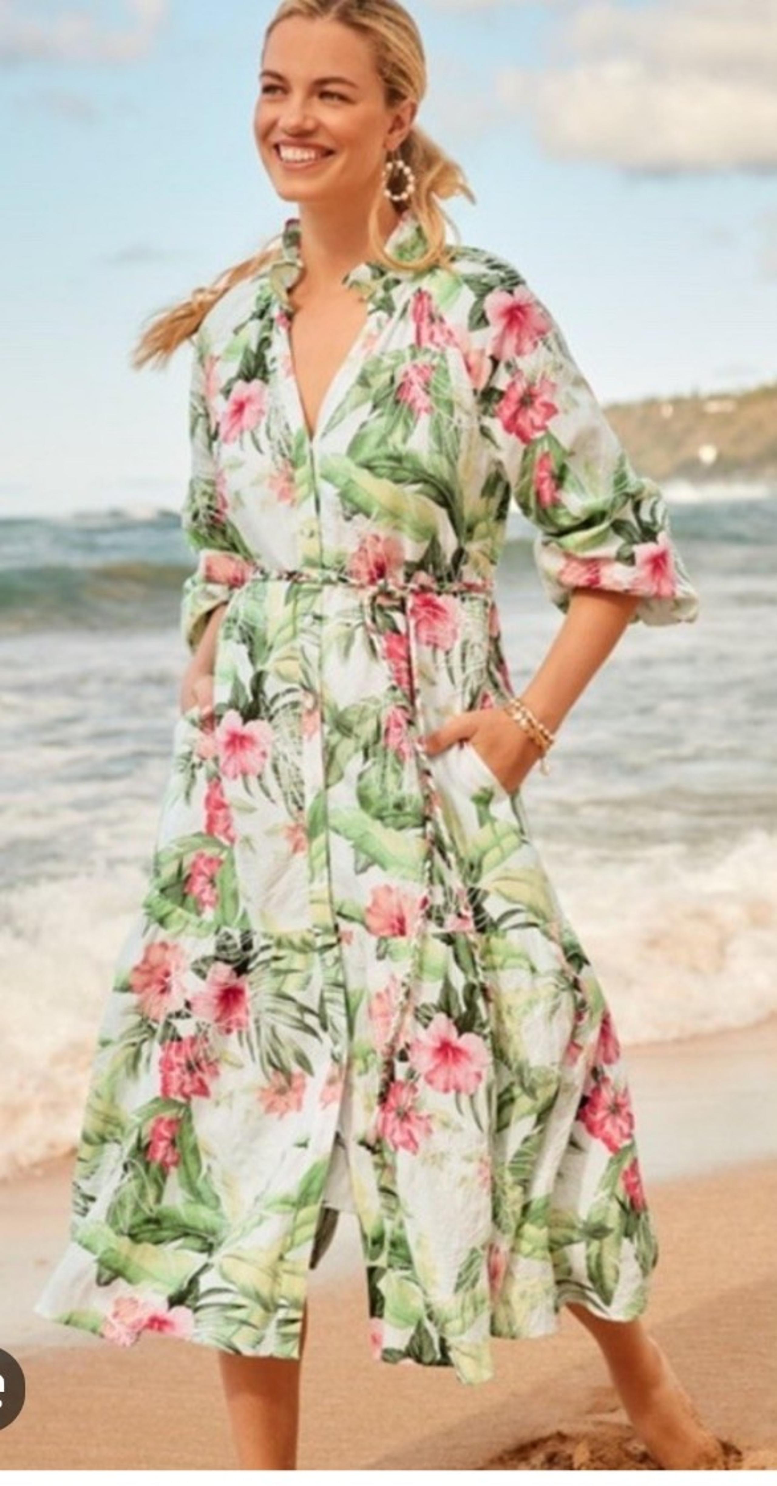 NEW Tommy Bahama Daybreak Hibiscus Floral Long Sleeve Linen Midi Dress  XS Boho