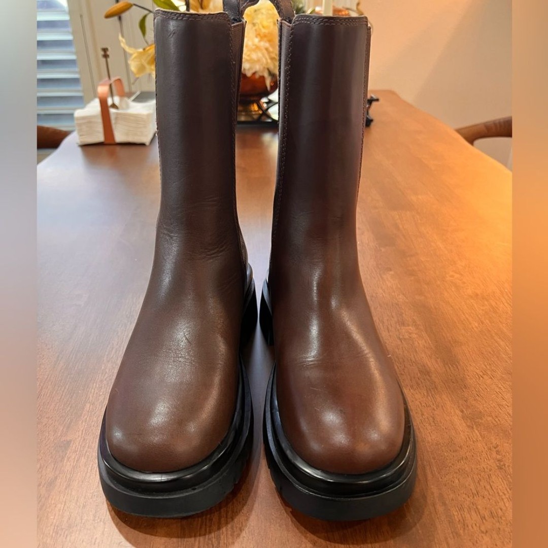Aldo MAPLE Mid Calf Boots platform Chelsea Chestnut pull tap Chunky Sole sz 7.5