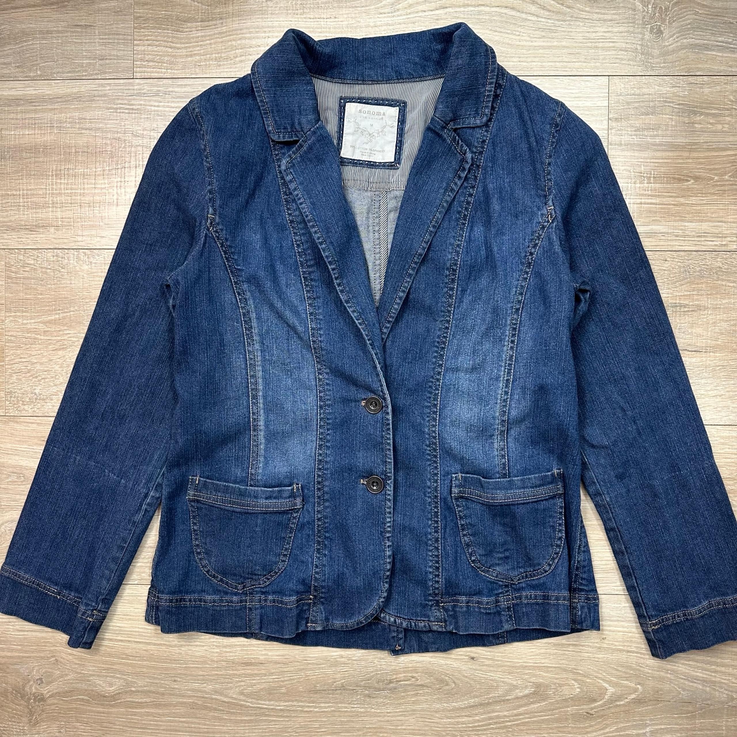 Y2K Sonoma Blue Denim Button Up Blazer Jacket Cotton Medium Wash Fitted Womens M