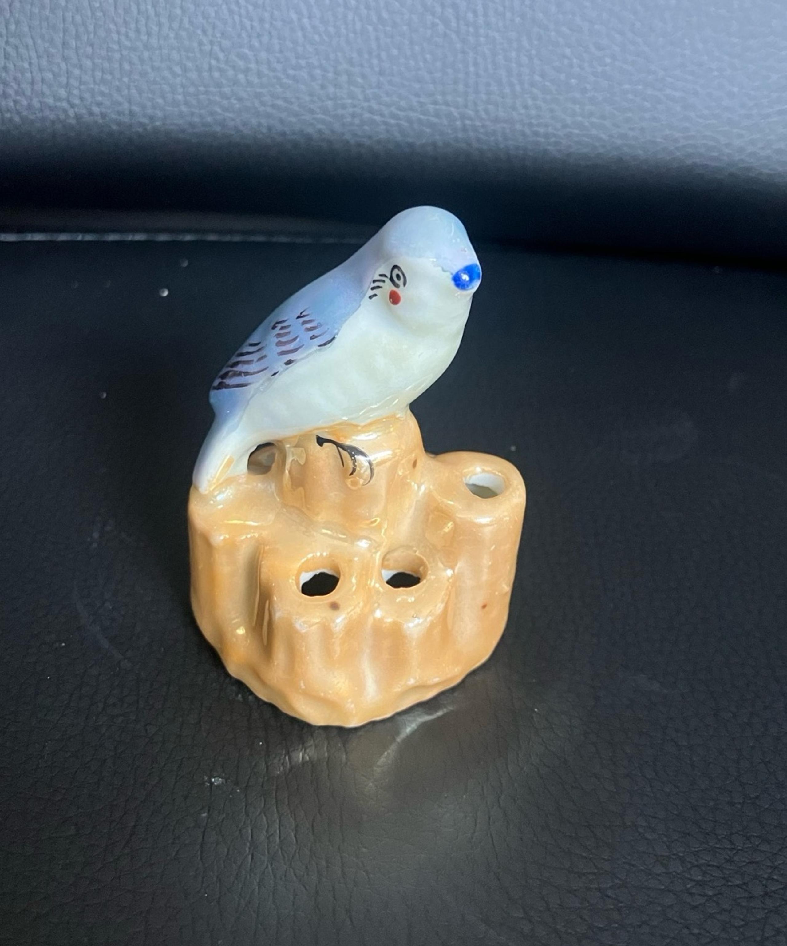 Vintage Lusterware Bluebird Porcelain Flower Frog 6 Hole Made in Japan 1930’s
