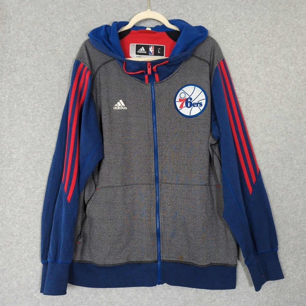 Adidas Philadelphia 76ers Player Warm Up Hooded Jacket L Color Block NBA Gray