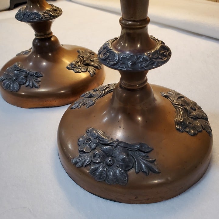 Antique Pair of Copper & Pewter Candlesticks