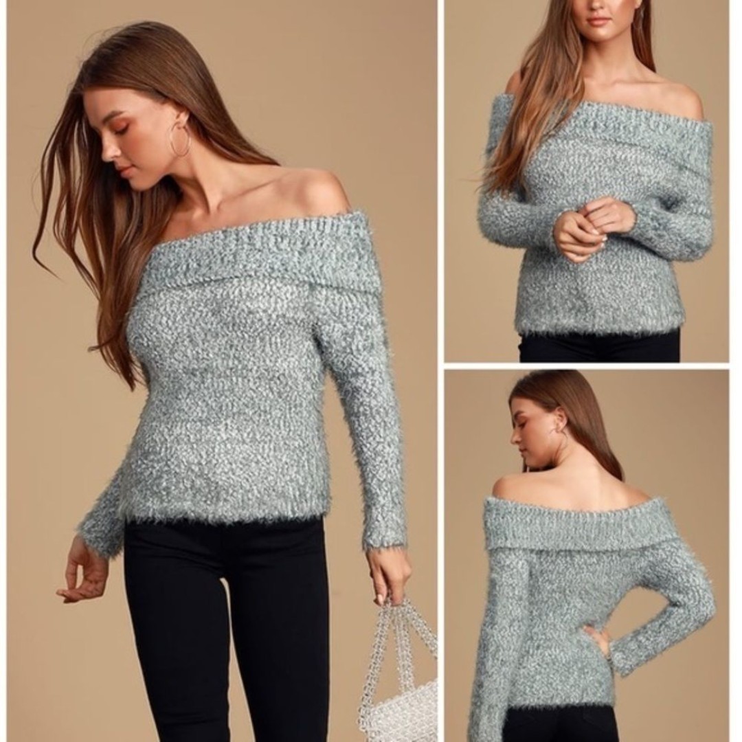 NWT! MinkPink Just You Knit Blue Grey Off-the-Shoulder Fuzzy Sweater